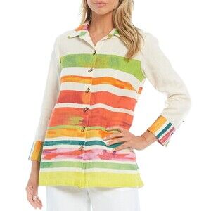John Mark Button Tunic Shirt 100% Linen Colorful Stripes Art to Wear Large
